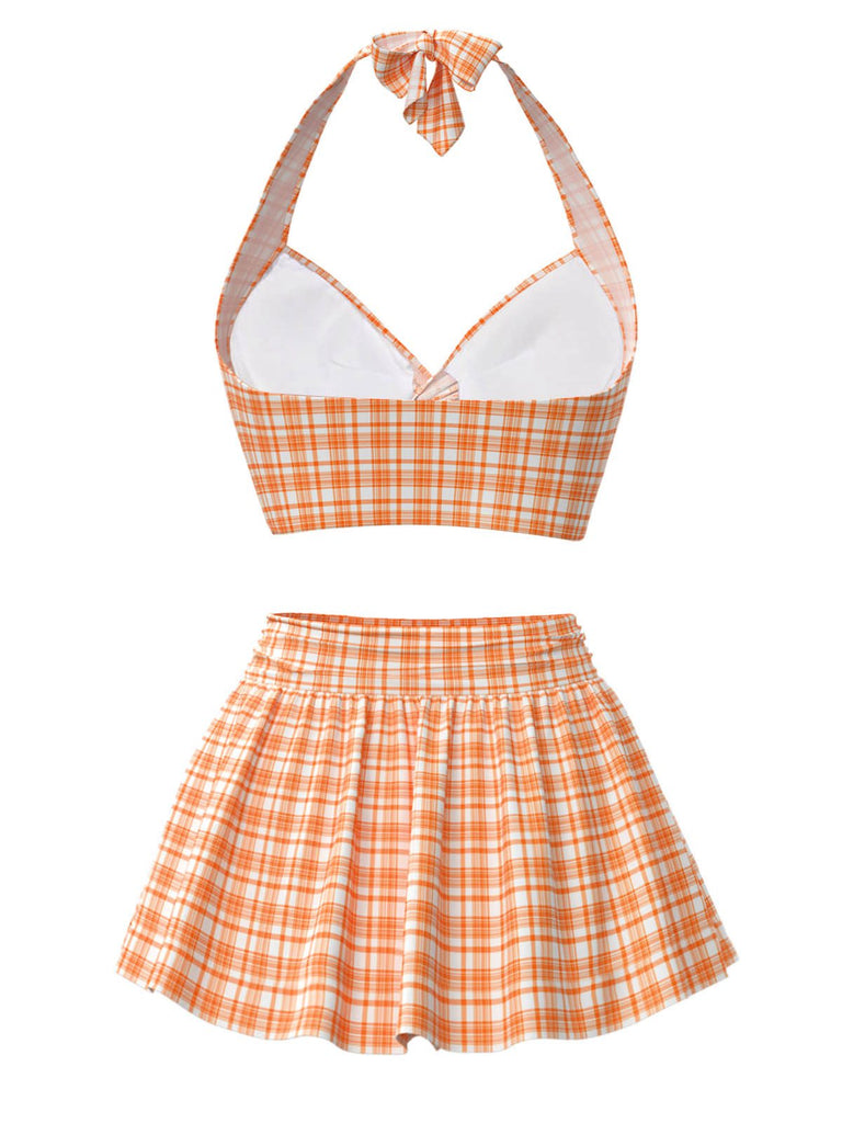 [Pre-Sale] Orange 1930s Gingham Plaid Halter Swimsuit