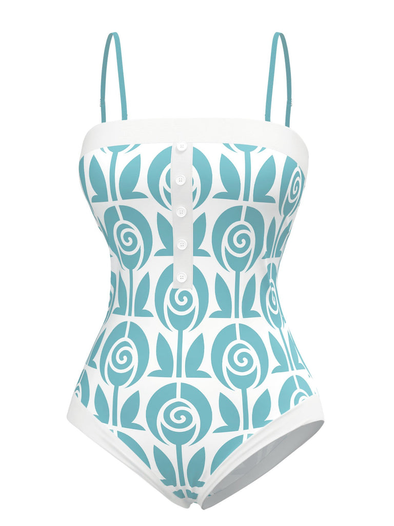 [Pre-Sale] Light Blue 1960s Rose Straps One-Piece Swimsuit