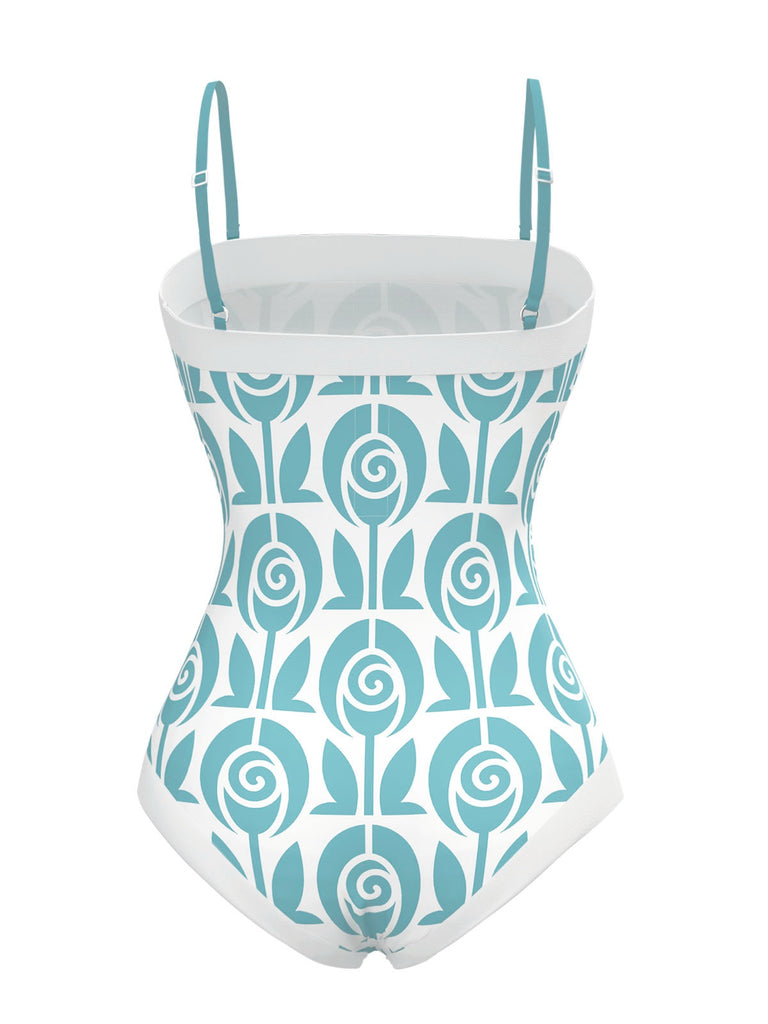 [Pre-Sale] Light Blue 1960s Rose Straps One-Piece Swimsuit