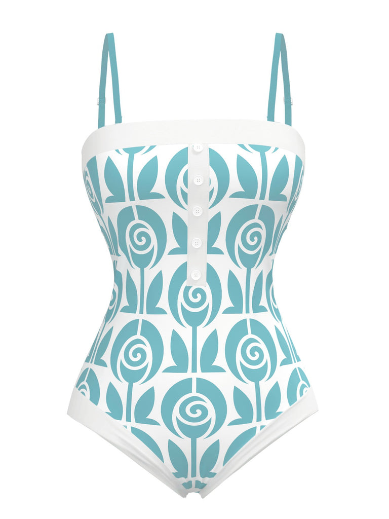 [Pre-Sale] Light Blue 1960s Rose Straps One-Piece Swimsuit