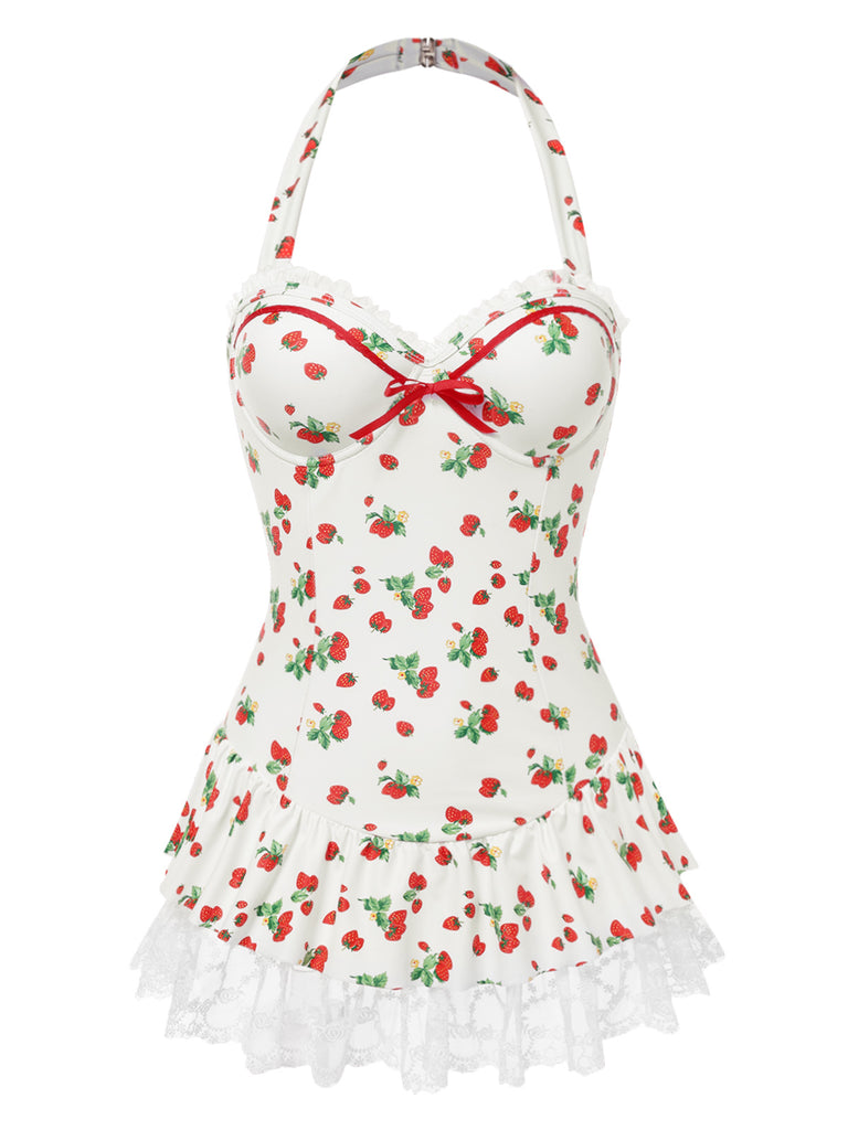 [Pre-Sale] 1950s Halter Strawberry Lace Bow Swimdress