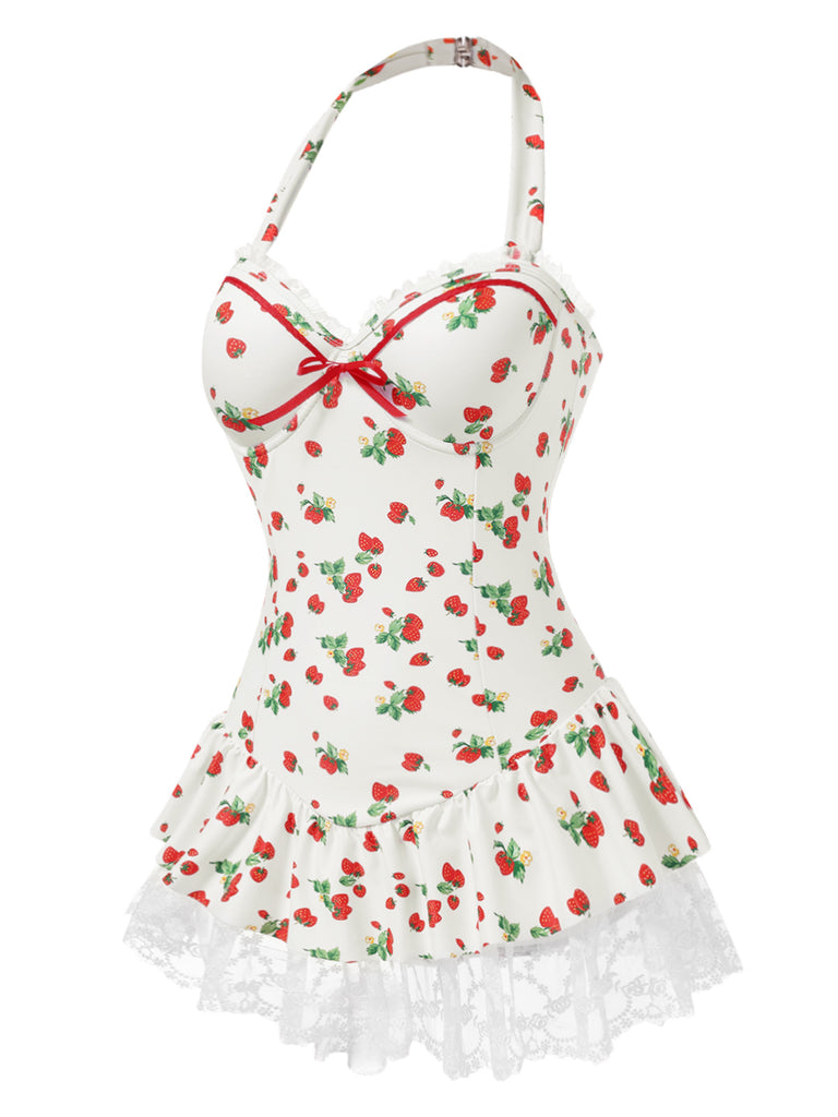 [Pre-Sale] 1950s Halter Strawberry Lace Bow Swimdress