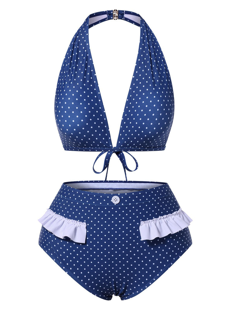 [Pre-Sale] Blue 1950s Ruffle Halter Polka Dots Swimsuit