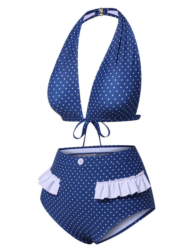 [Pre-Sale] Blue 1950s Ruffle Halter Polka Dots Swimsuit