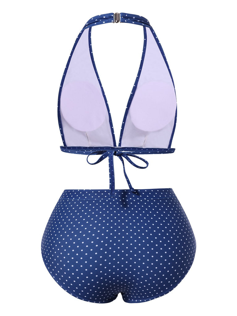 [Pre-Sale] Blue 1950s Ruffle Halter Polka Dots Swimsuit
