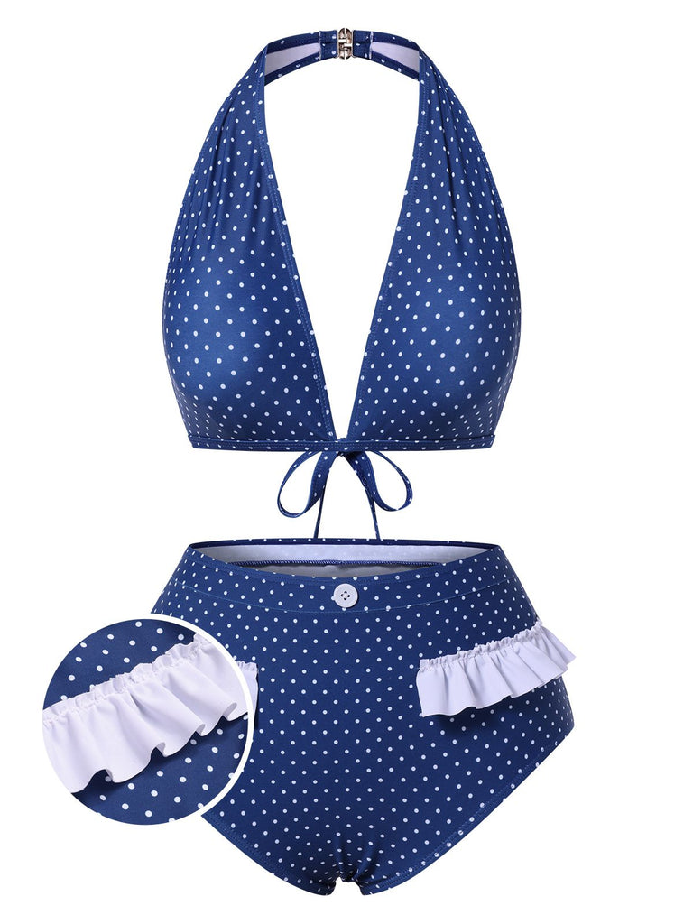 [Pre-Sale] Blue 1950s Ruffle Halter Polka Dots Swimsuit