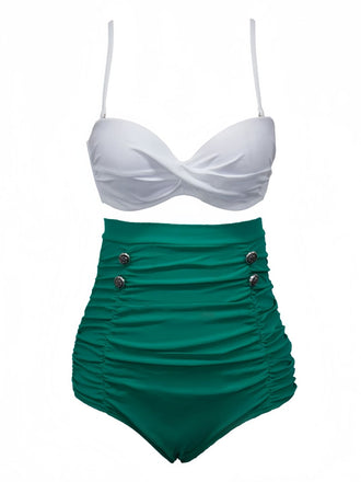 White & Green 1950s High-Waist Ruched Bikini Set