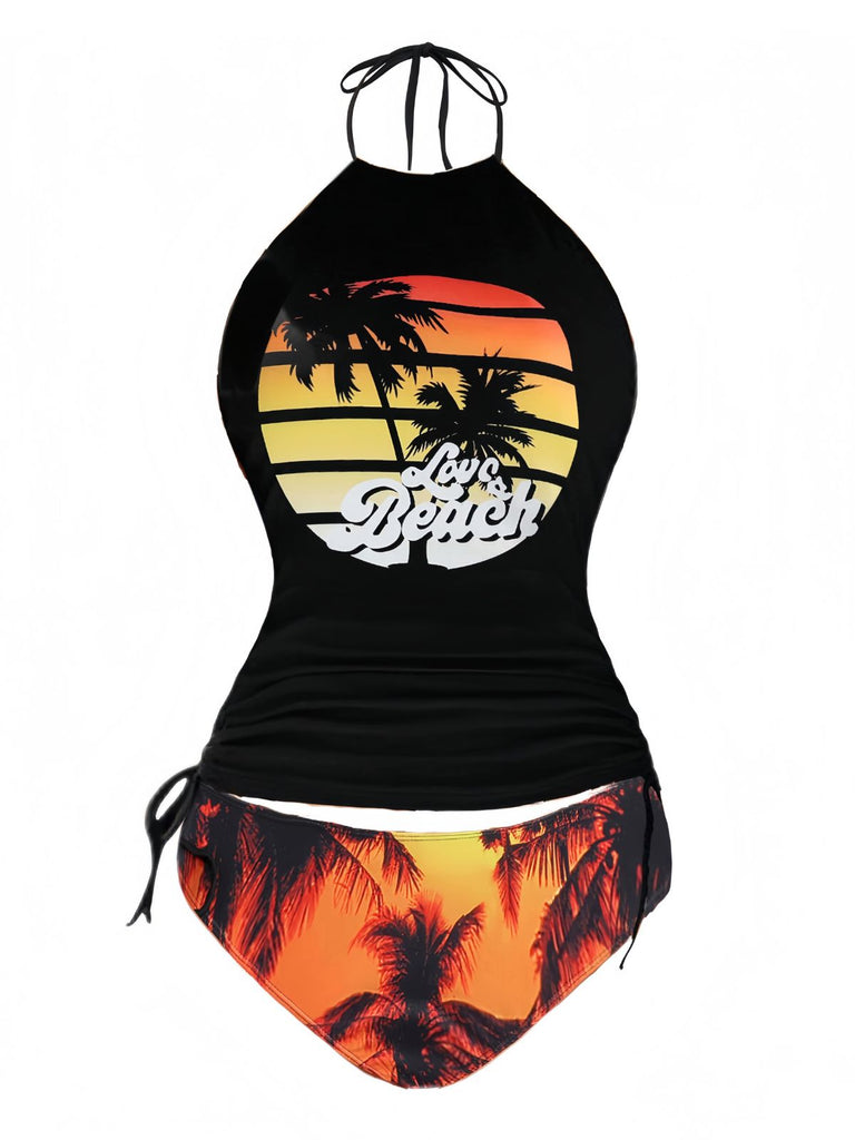 Black 1980s Punk Halter Skeleton Beach Print Bikini Set