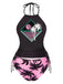 Black 1980s Punk Halter Skeleton Beach Print Bikini Set