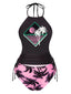 Black 1980s Punk Halter Skeleton Beach Print Bikini Set