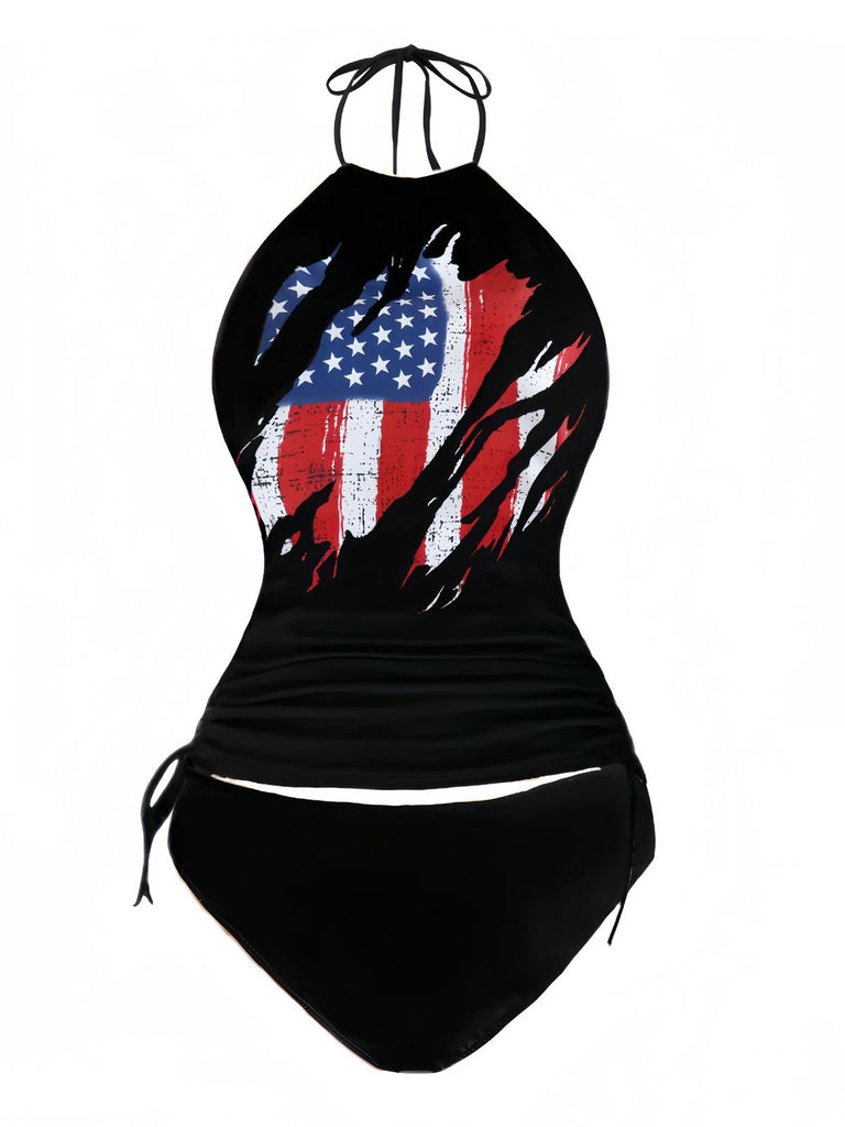 Black 1980s Punk Halter Skeleton Beach Print Bikini Set