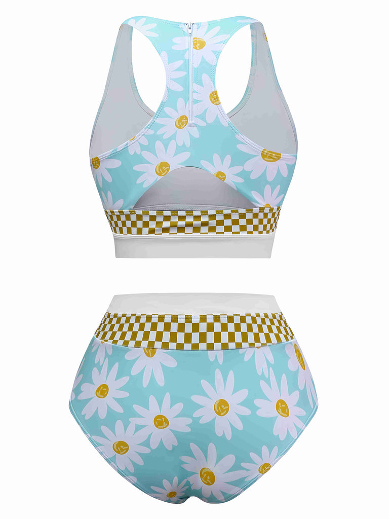 Blue 1960s Daisy Print Check Tankini Set