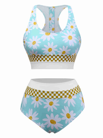Blue 1960s Daisy Print Check Tankini Set