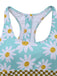Blue 1960s Daisy Print Check Tankini Set