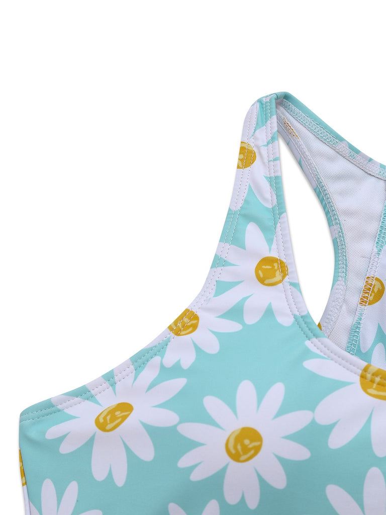 Blue 1960s Daisy Print Check Tankini Set