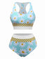 Blue 1960s Daisy Print Check Tankini Set
