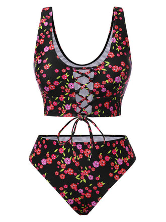Black 1940s Ditsy Floral Lace-Up Tankini Set