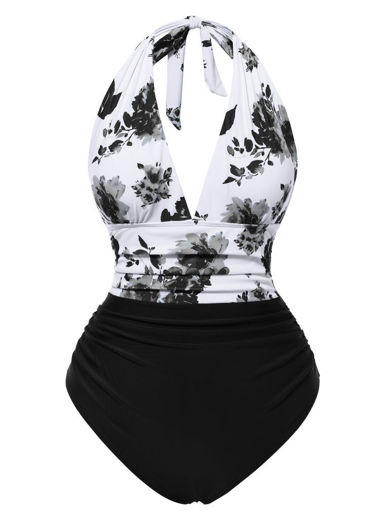 1940s Leaf Print Halter Neck One-piece Swimsuit