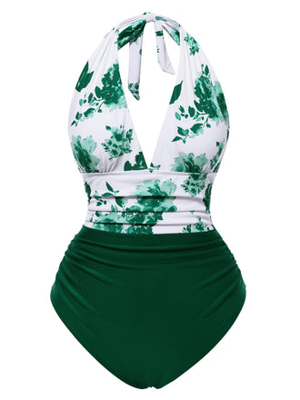 Green 1940s Halter Floral Ruched One-piece Swimsuit
