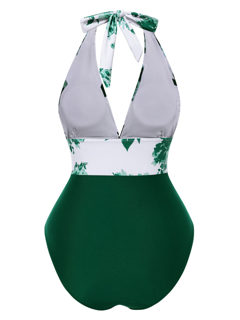 1940s Leaf Print Halter Neck One-piece Swimsuit