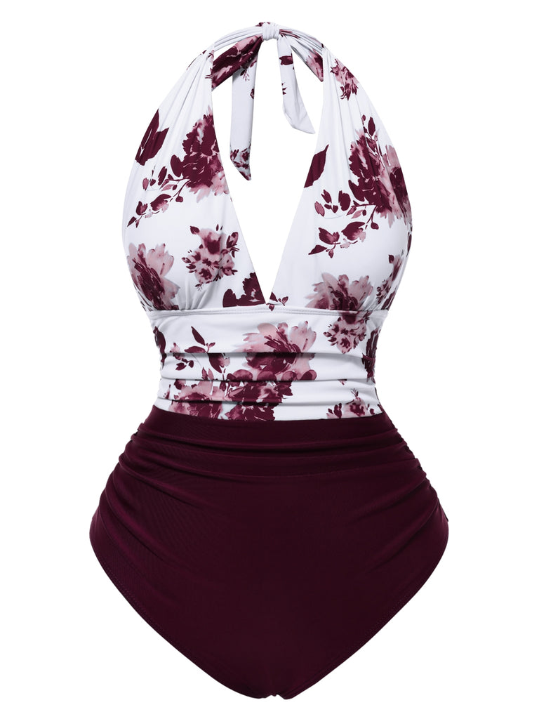 1940s Leaf Print Halter Neck One-piece Swimsuit