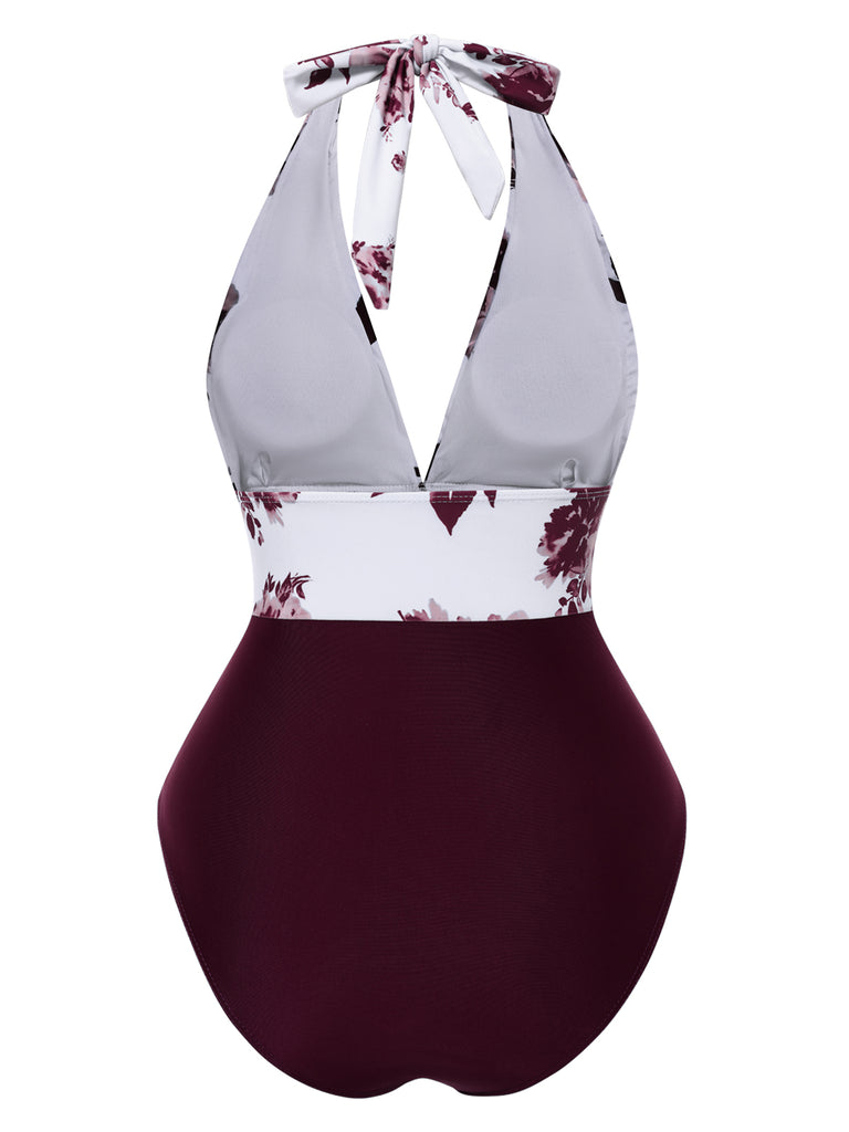 1940s Leaf Print Halter Neck One-piece Swimsuit