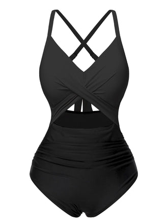 Black 1940s Hollow Waist Patchwork Swimsuit