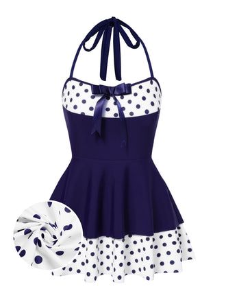 [Pre-Sale] Blue 1940s Polka Dots Patchwork Halter Swimdress