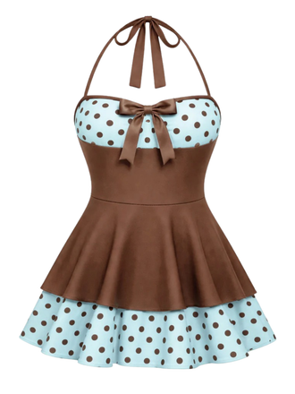 [Pre-Sale] Brown 1940s Polka Dots Patchwork Halter Swimdress