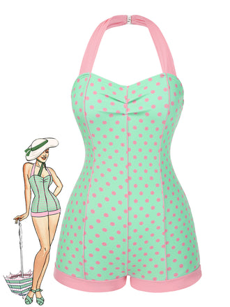 1960s Halter Contrast Polka Dots Heart Swimsuit