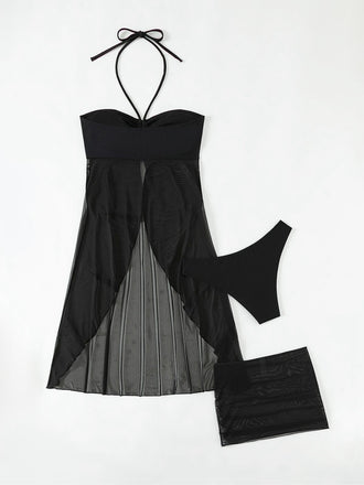 3PCS Black 1950s Solid Halter Bikini Set & Cover-Up