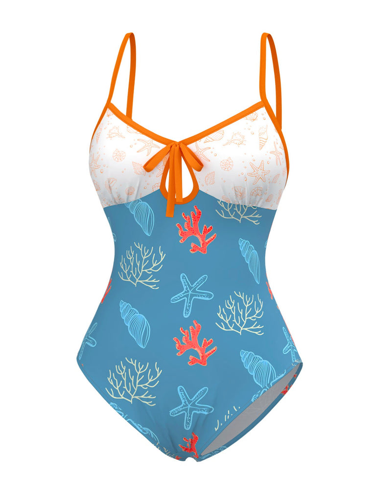 [Pre-Sale] Blue 1950s Marine Life Contrast Hollow Swimsuit