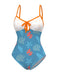 [Pre-Sale] Blue 1950s Marine Life Contrast Hollow Swimsuit