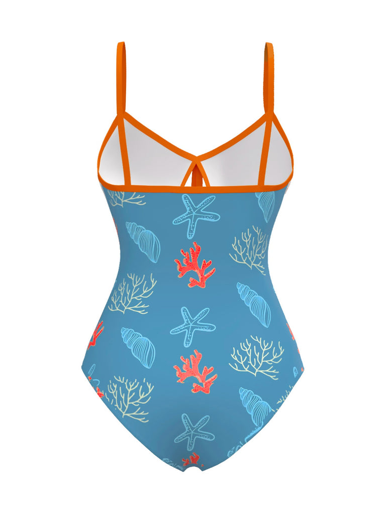 [Pre-Sale] Blue 1950s Marine Life Contrast Hollow Swimsuit
