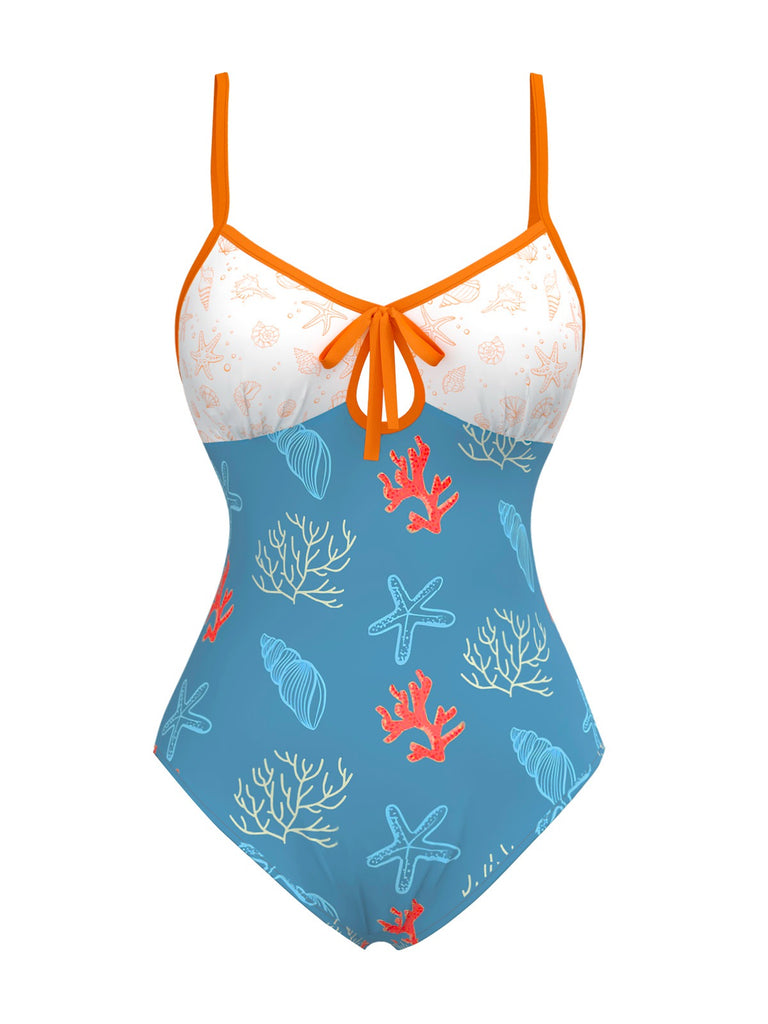 [Pre-Sale] Blue 1950s Marine Life Contrast Hollow Swimsuit