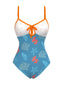 [Pre-Sale] Blue 1950s Marine Life Contrast Hollow Swimsuit
