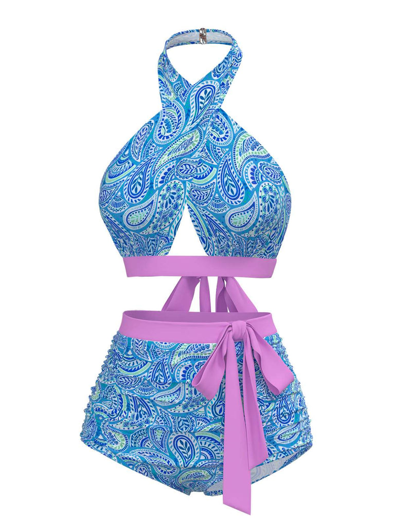 [Pre-Sale] Violet 1970s Paisley Print Cross-Halter Swimsuit