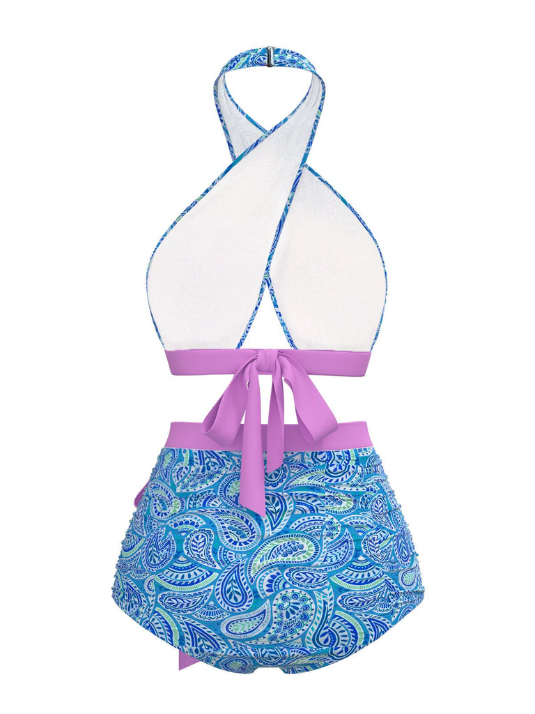 [Pre-Sale] Violet 1970s Paisley Print Cross-Halter Swimsuit