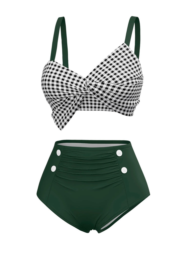 [Pre-Sale] Green 1950s Gingham Plaid Twist Straps Swimsuit