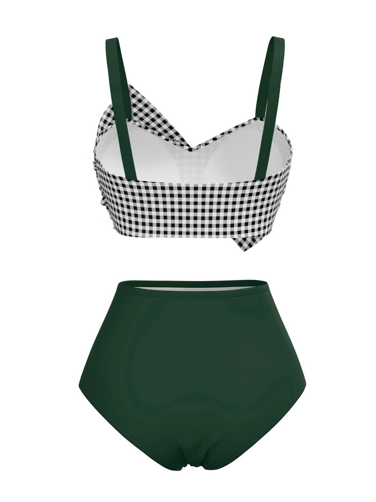 [Pre-Sale] Green 1950s Gingham Plaid Twist Straps Swimsuit