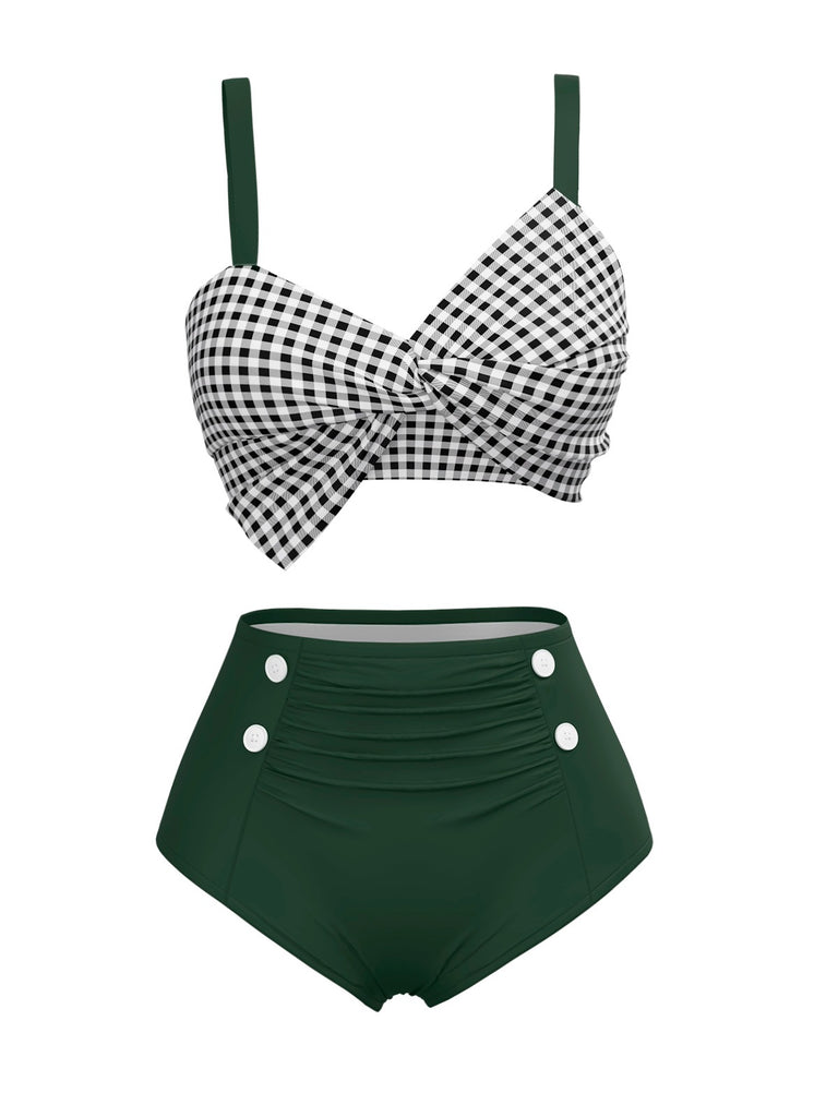 [Pre-Sale] Green 1950s Gingham Plaid Twist Straps Swimsuit