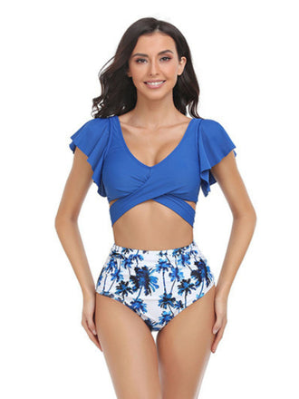 Dark Blue 1950s Tropical Print Ruffles Lace-Up Swimsuit