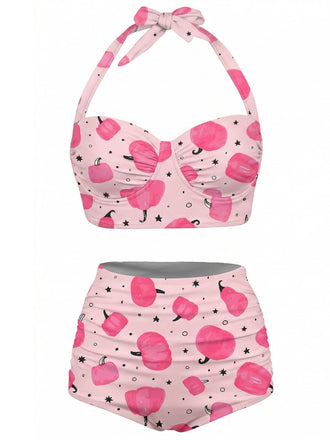 [Pre-Sale] Pink 1950s Pumpkin Lace-Up Halter Swimsuit
