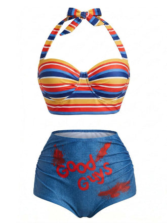[Pre-Sale] Blue 1950s Rainbow Stripe Lace-Up Halter Swimsuit