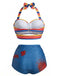[Pre-Sale] Blue 1950s Rainbow Stripe Lace-Up Halter Swimsuit