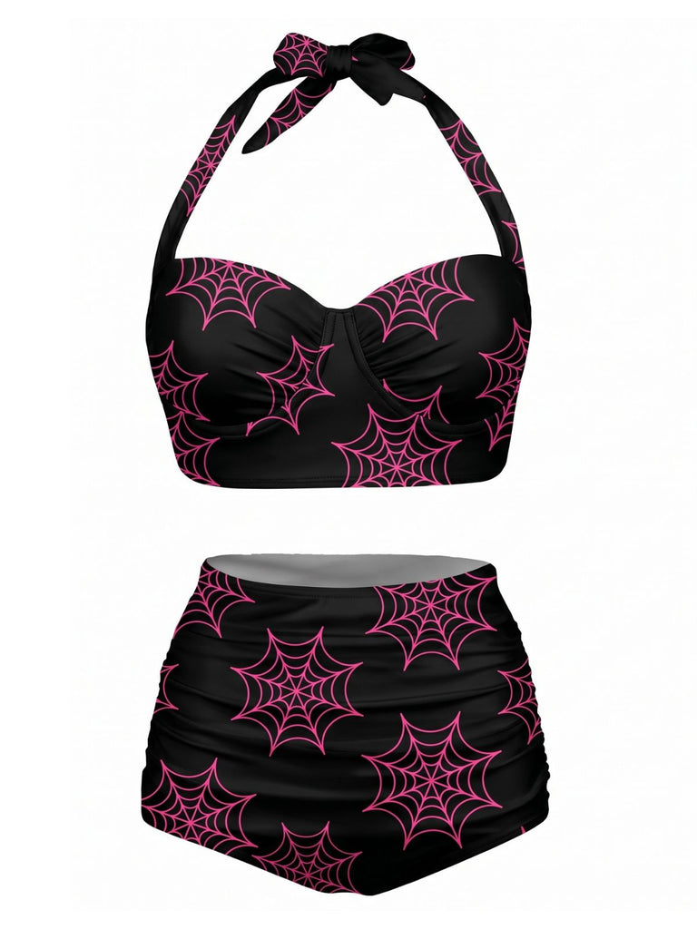 Black 1950s Floral Print Lace-Up Halter Swimsuit, vintage swimsuit, pin-up swimwear - perfect for women who love vintage and retro fashion