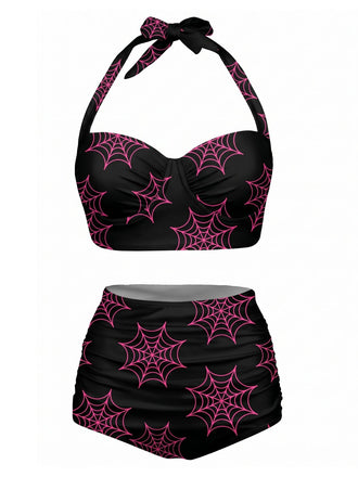 [Pre-Sale] Black 1950s Spider Web Lace-Up Halter Swimsuit