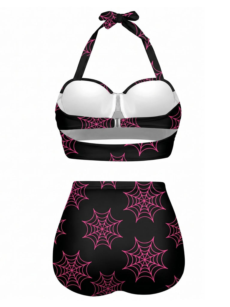 Black 1950s Floral Print Lace-Up Halter Swimsuit, vintage swimsuit, pin-up swimwear - perfect for women who love vintage and retro fashion