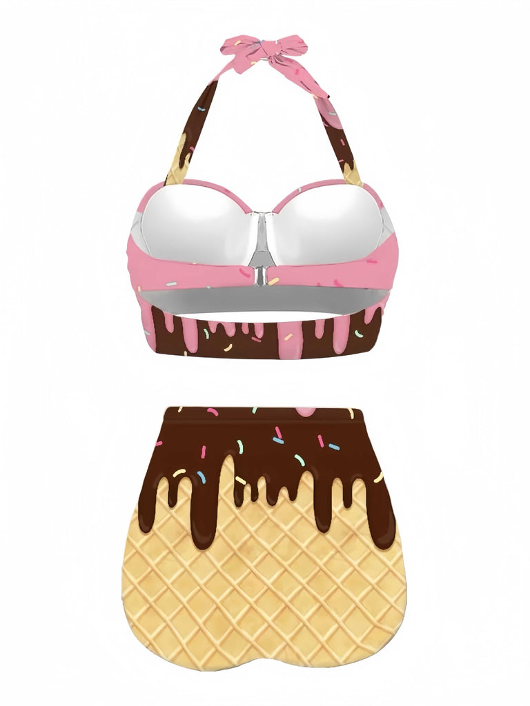 Pink 1970s Halter Ice-Cream Cone High-Waist Bikini
