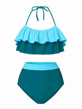 1940s High-Waist Colorblock Ruffled Halter Swimsuit